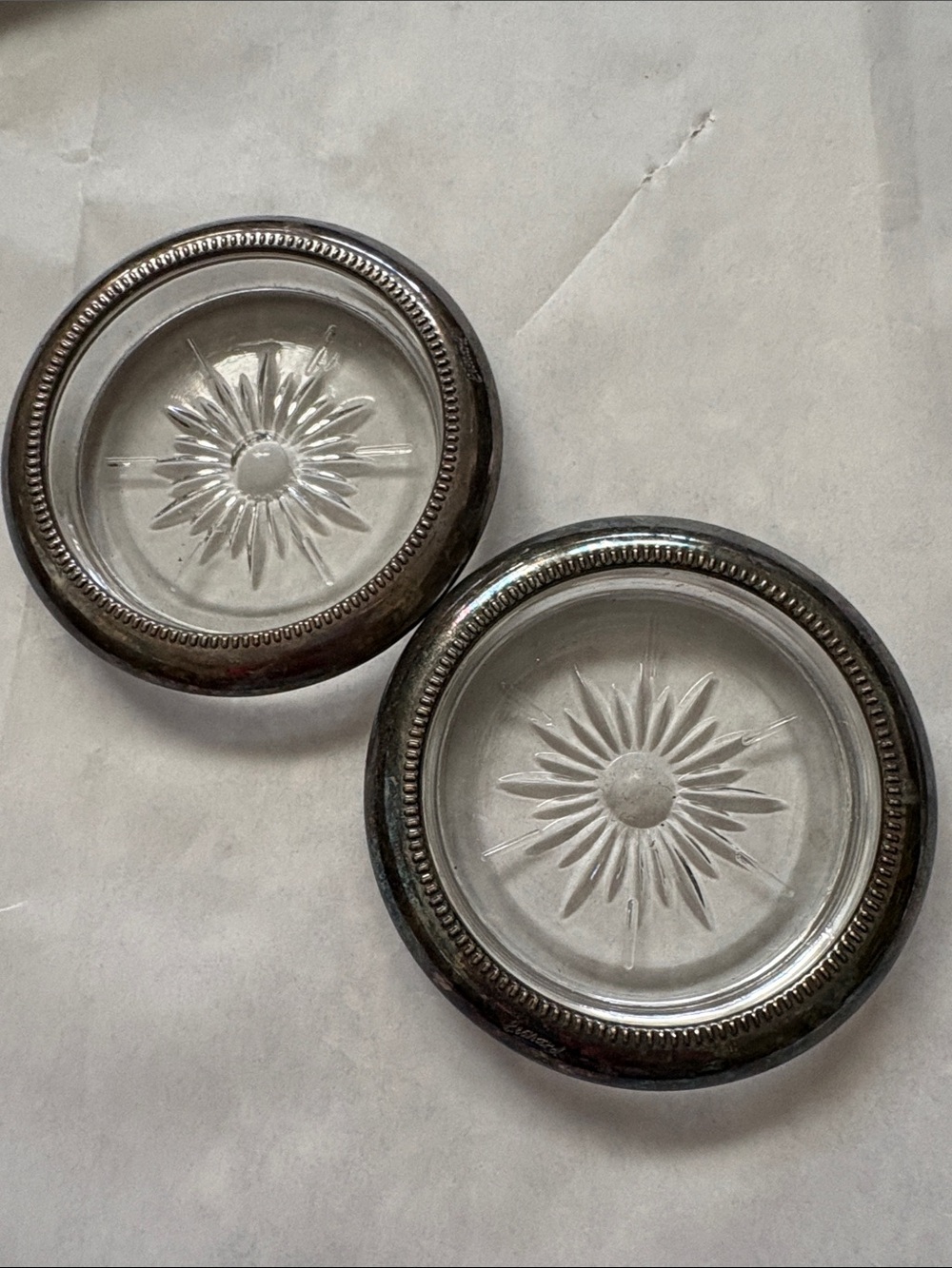 Vintage Italian Leonard Crystal Glass Silver Plated Ashtray Coaster Set of 2